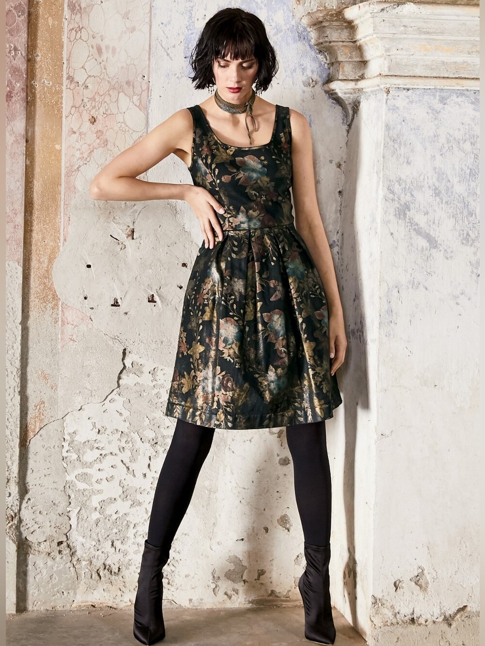 Peruvian Connection Josephine Metallic Floral Dress Black Gold Fit Flare Sz 6